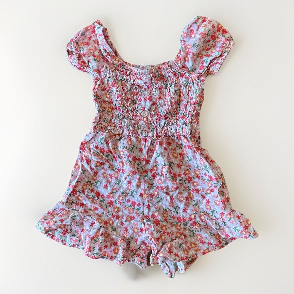 Btween Size 3T Floral Ruffle Romper Short Sleeves Smocked Top Pink